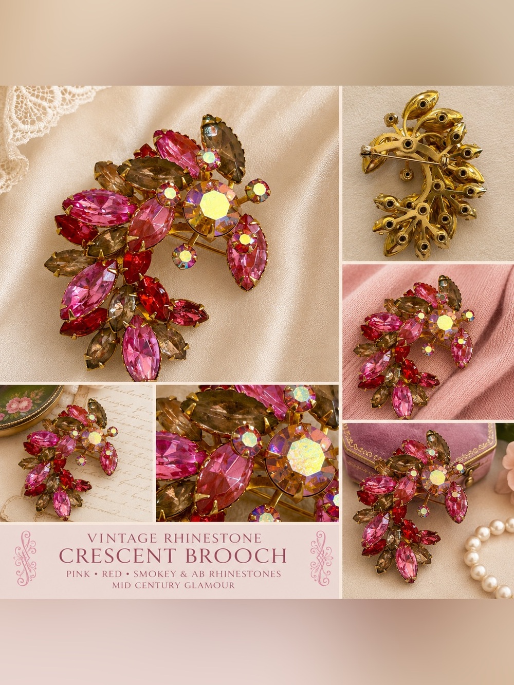 Vintage Pink & Smokey Rhinestone Crescent Brooch